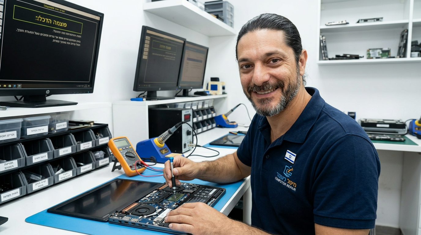 טכנאי מחשבים של SCompuTech מבצע אבחון למחשב נייד בשירות עד הבית בחיפה והקריות